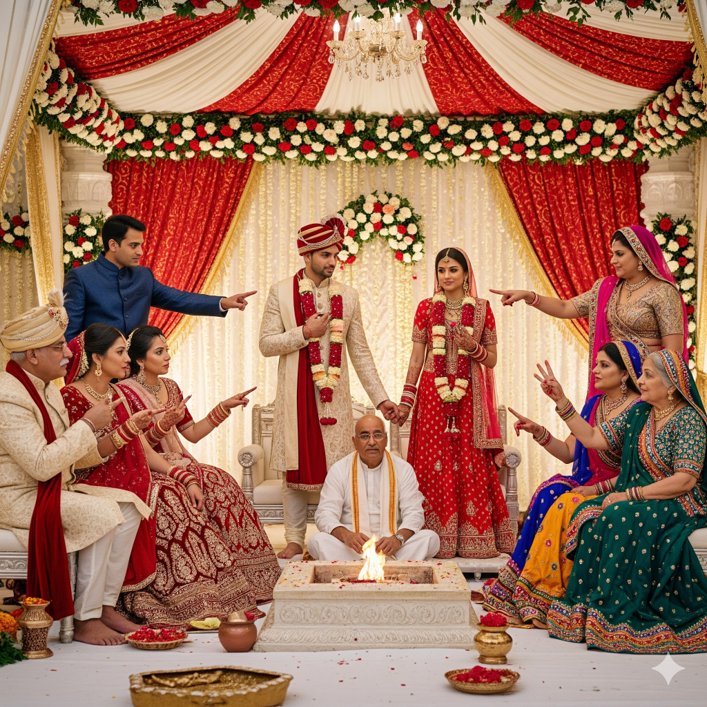 Silent Rituals- bride & groom in confusion and relatives are arguing over the customs